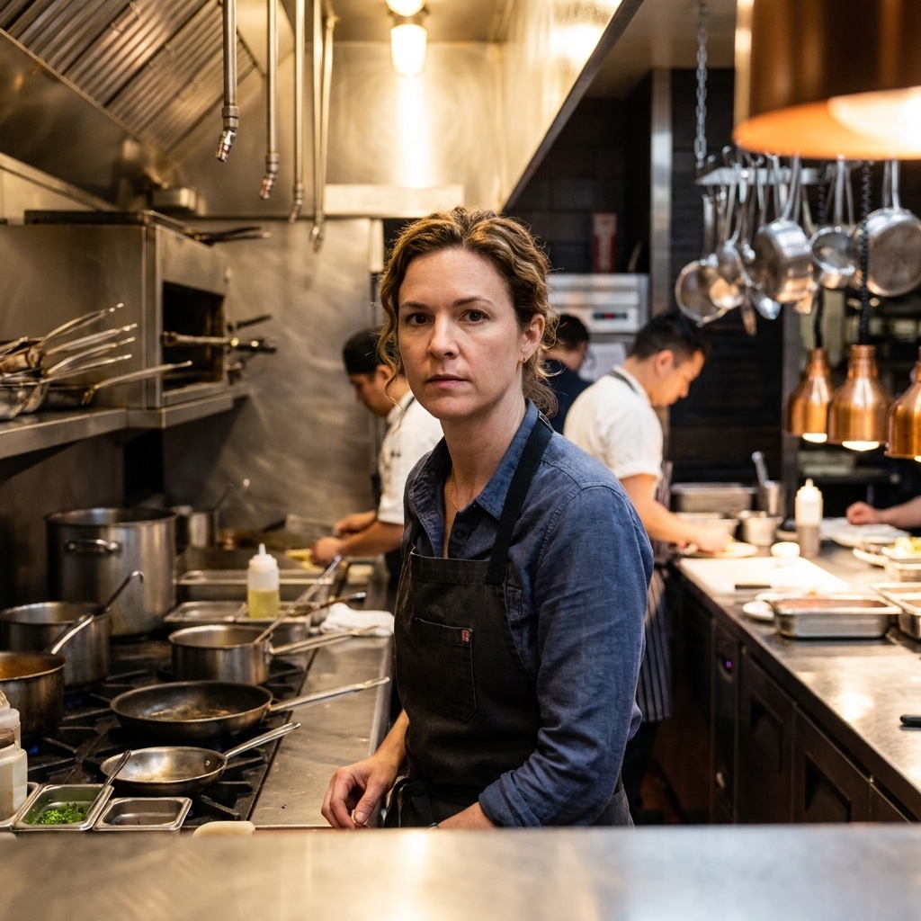 Gabrielle Hamilton standing in a restaurant kitchen near stainless steel counters, looking toward the camera with a focused expression
