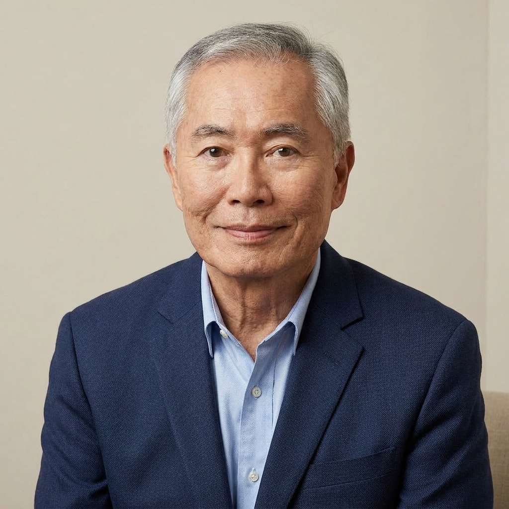 George Takei seated for a portrait in a simple indoor setting, looking calmly toward the camera
