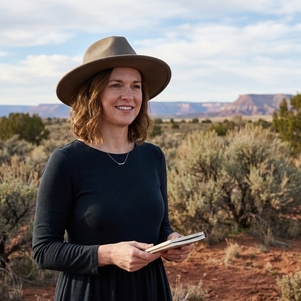 Georgia O’Keeffe outdoors in New Mexico, wearing a dark dress and wide-brim hat, with desert landscape behind her
