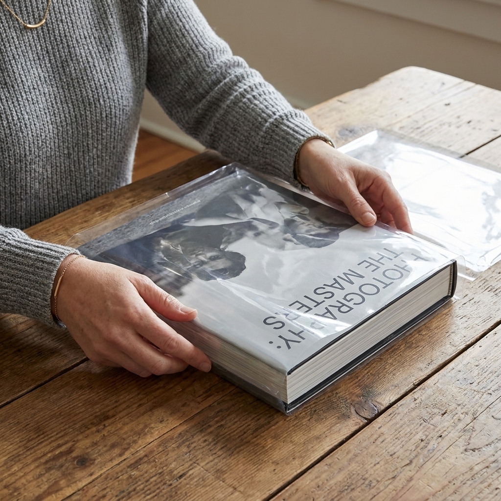 Hands carefully fitting a clear archival dust jacket cover onto a hardcover photography book on a wooden table