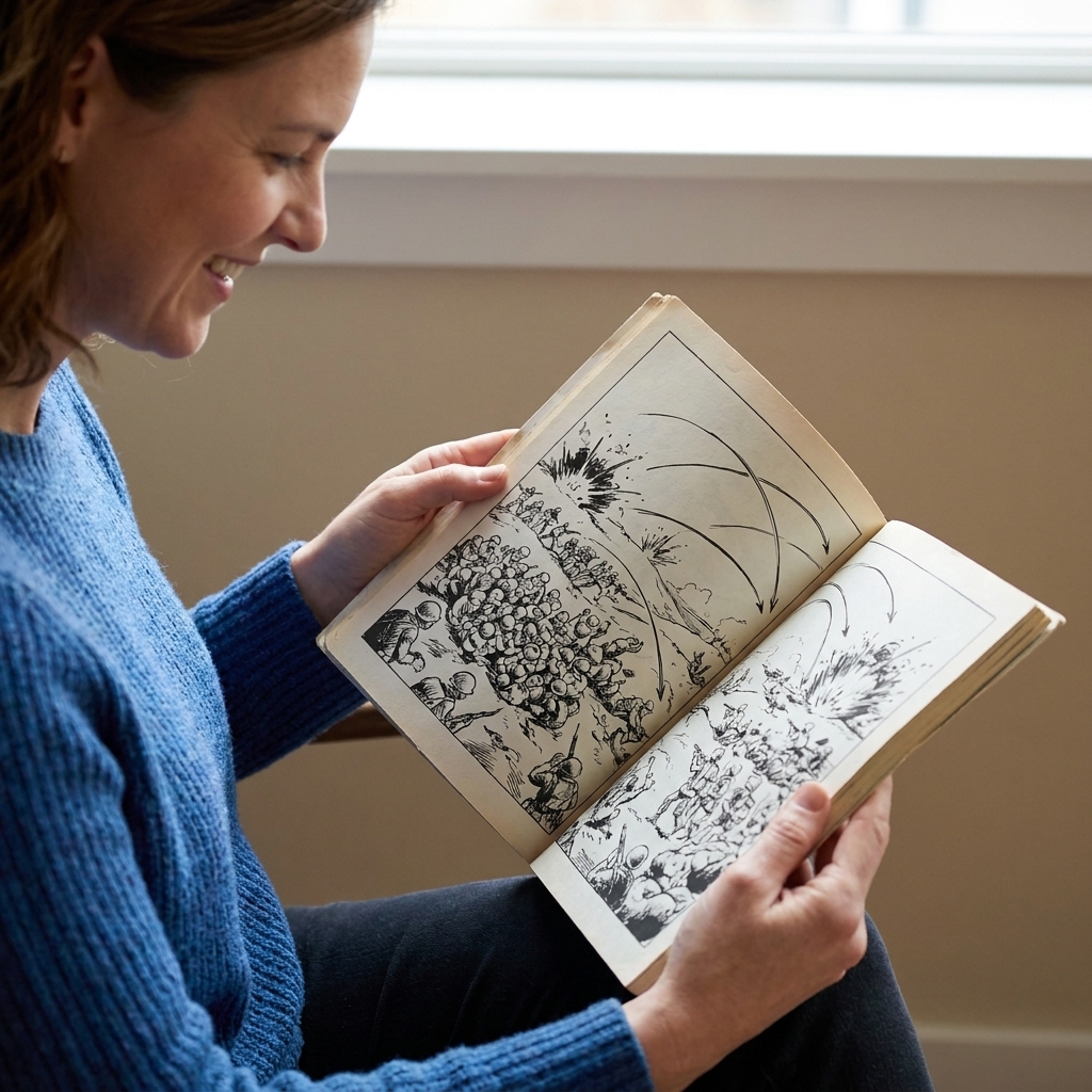 Hands holding an open graphic novel showing a battlefield scene with clustered figures and movement lines
