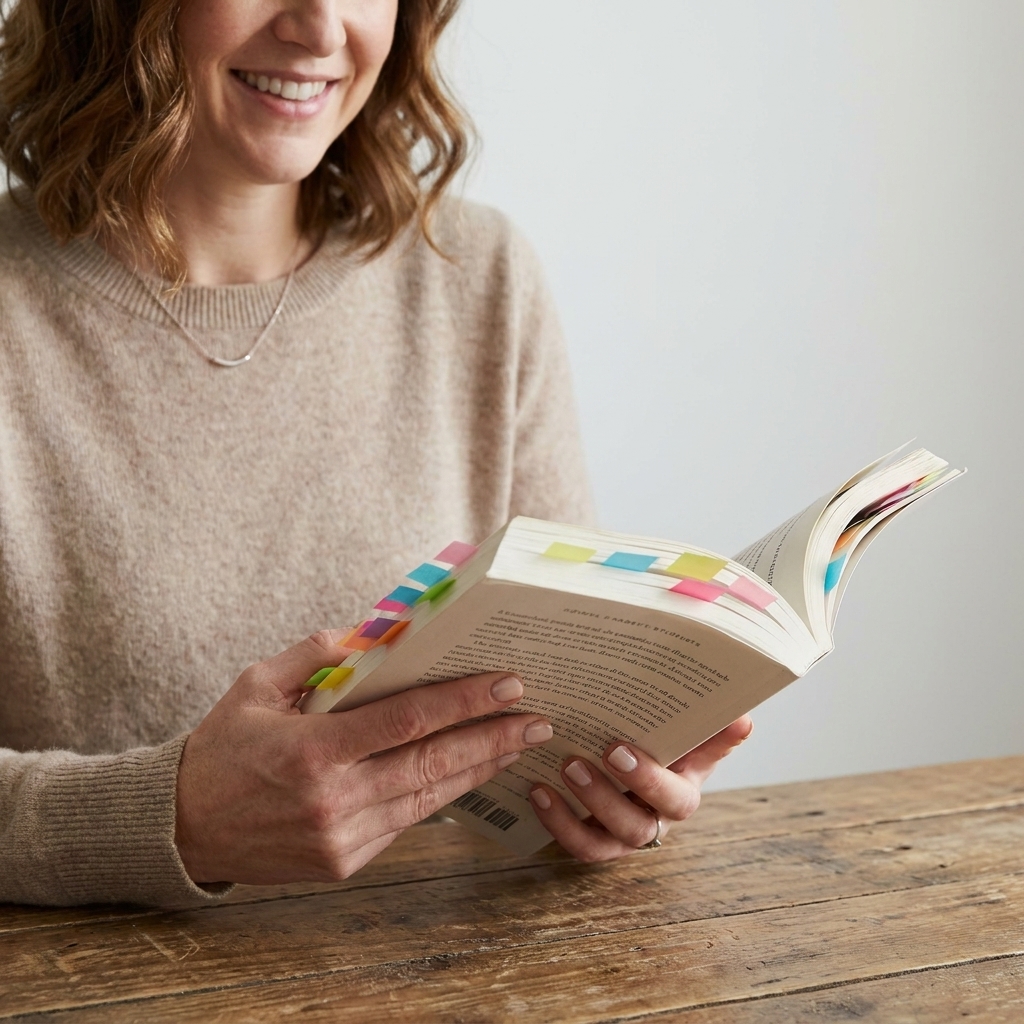 Hands holding an open paperback book with small sticky notes peeking from the pages, resting above a wooden table