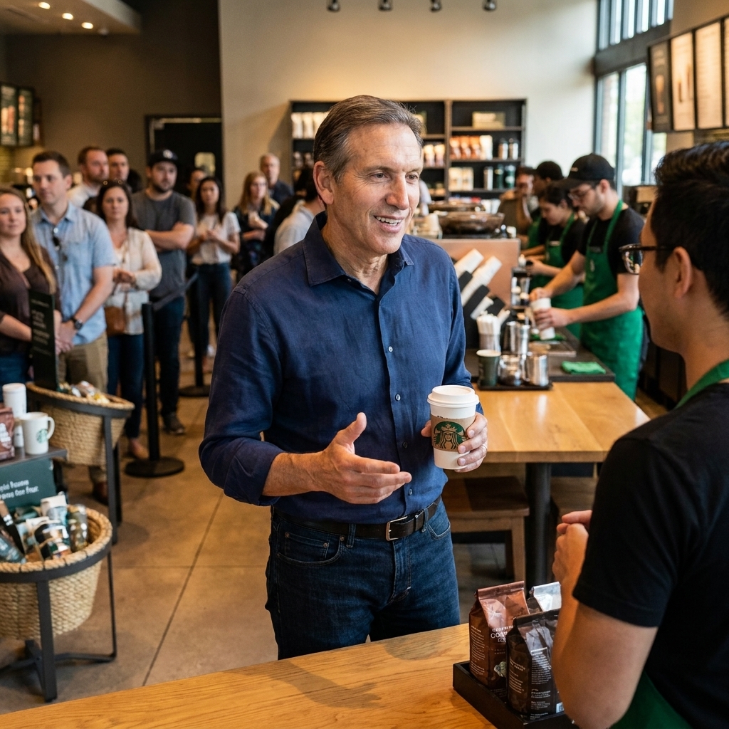 Howard Schultz standing inside a busy Starbucks cafe
