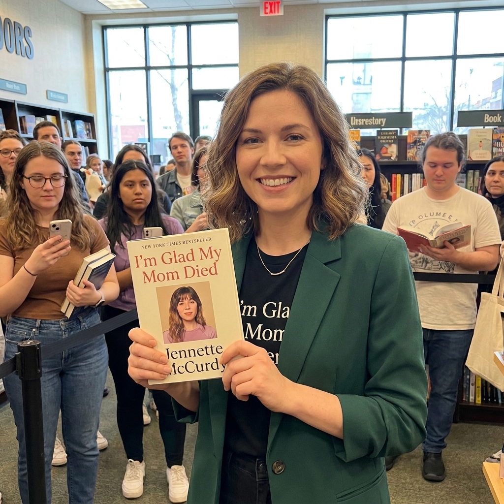 Jennette McCurdy at a book event holding a copy of her memoir, standing in front of a blurred crowd