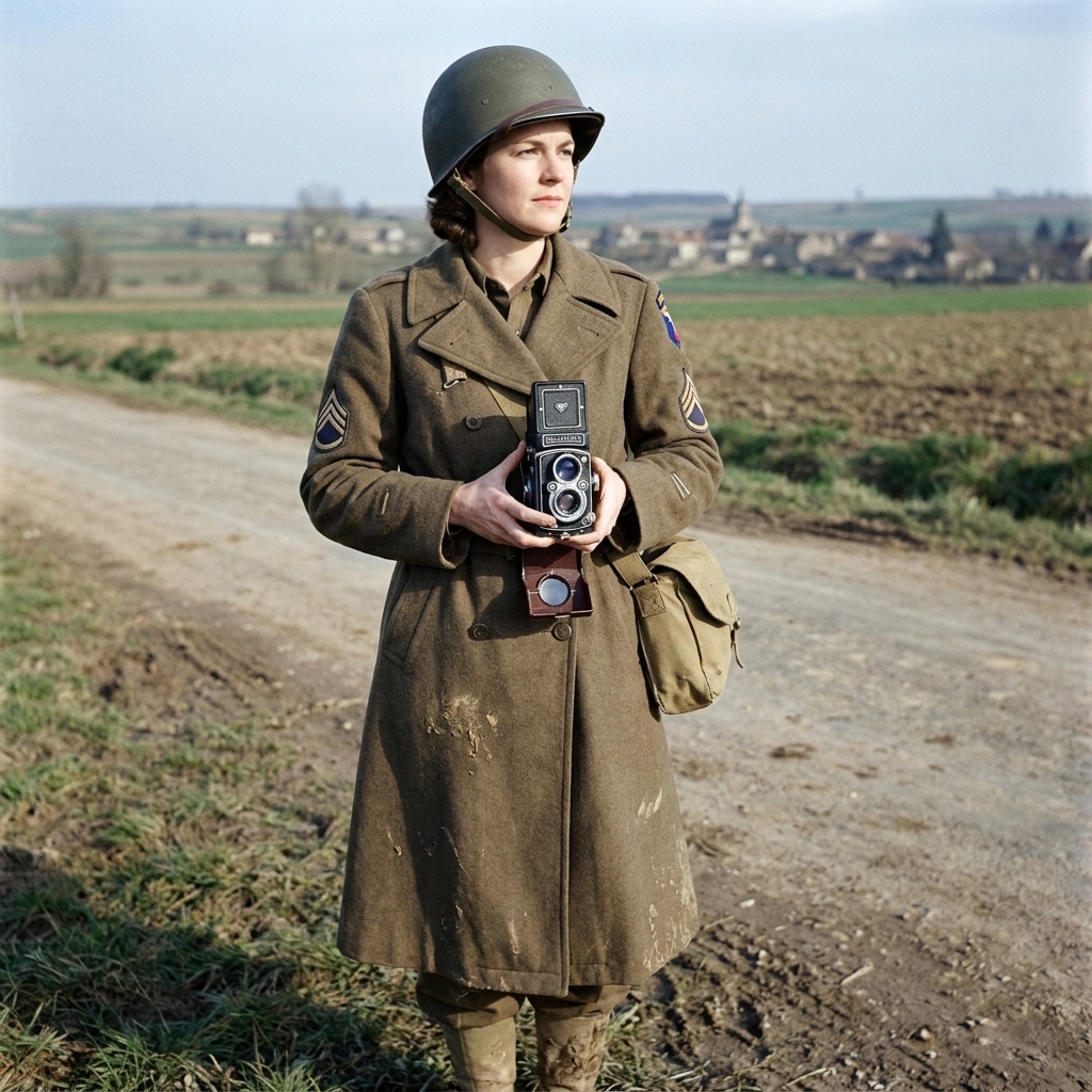 Lee Miller in wartime France wearing a military coat, holding a camera and looking toward the horizon