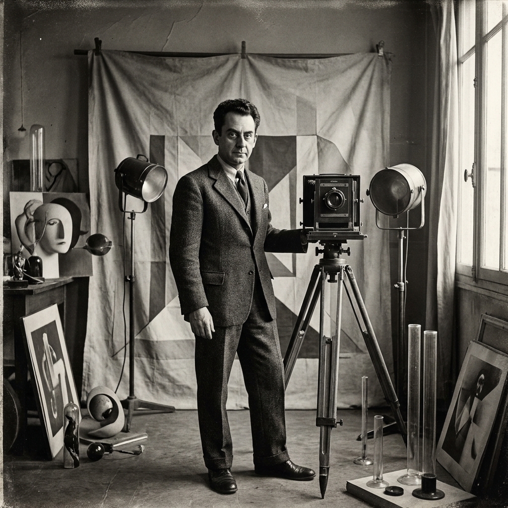 Man Ray in a Paris studio, posed beside photographic equipment and a backdrop, wearing a suit and looking self-possessed