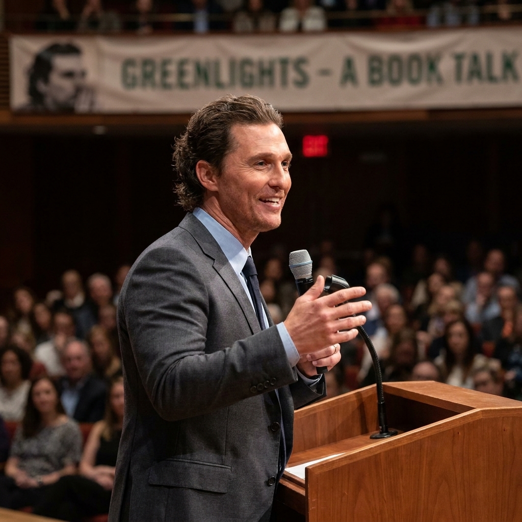 Matthew McConaughey speaking at a lectern during a book talk, wearing a suit, audience blurred