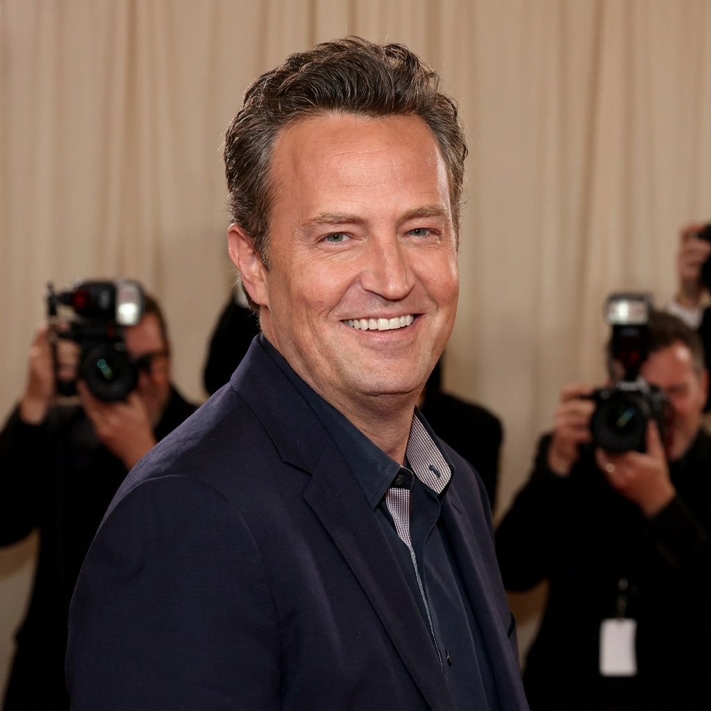 Matthew Perry at a public event in a dark blazer, standing in front of photographers