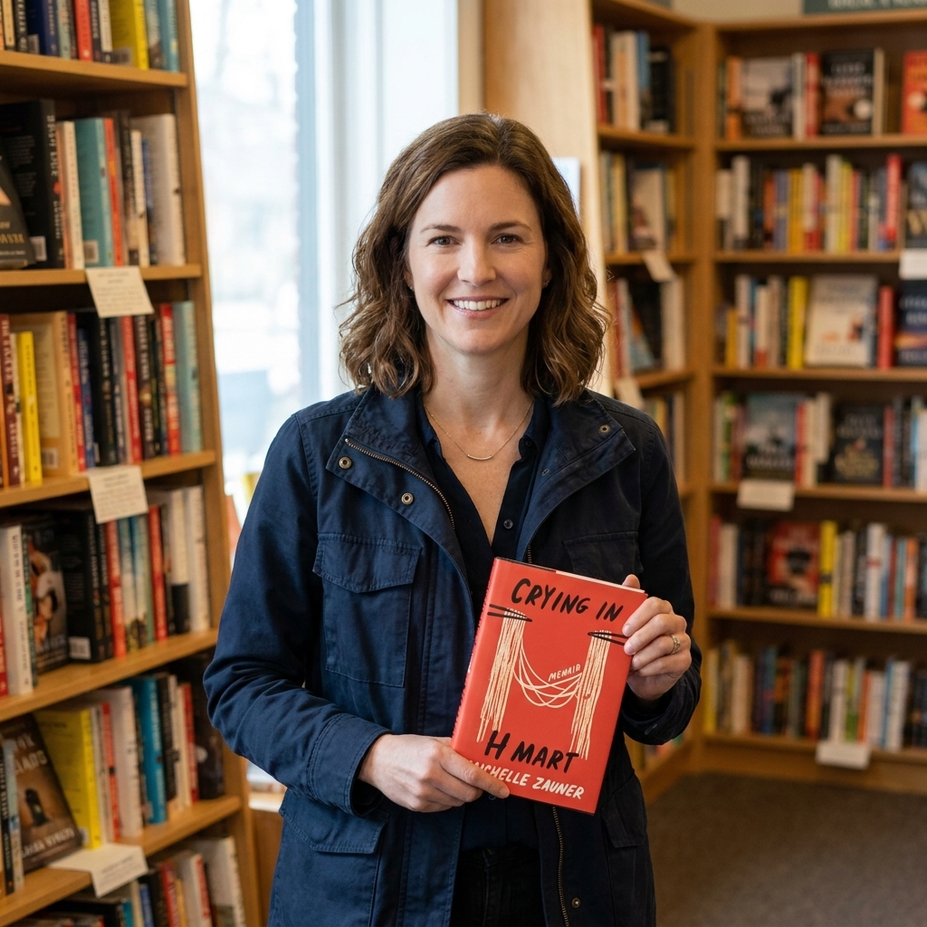 Michelle Zauner standing in a bookstore holding her memoir, wearing a dark jacket, shelves of books behind her