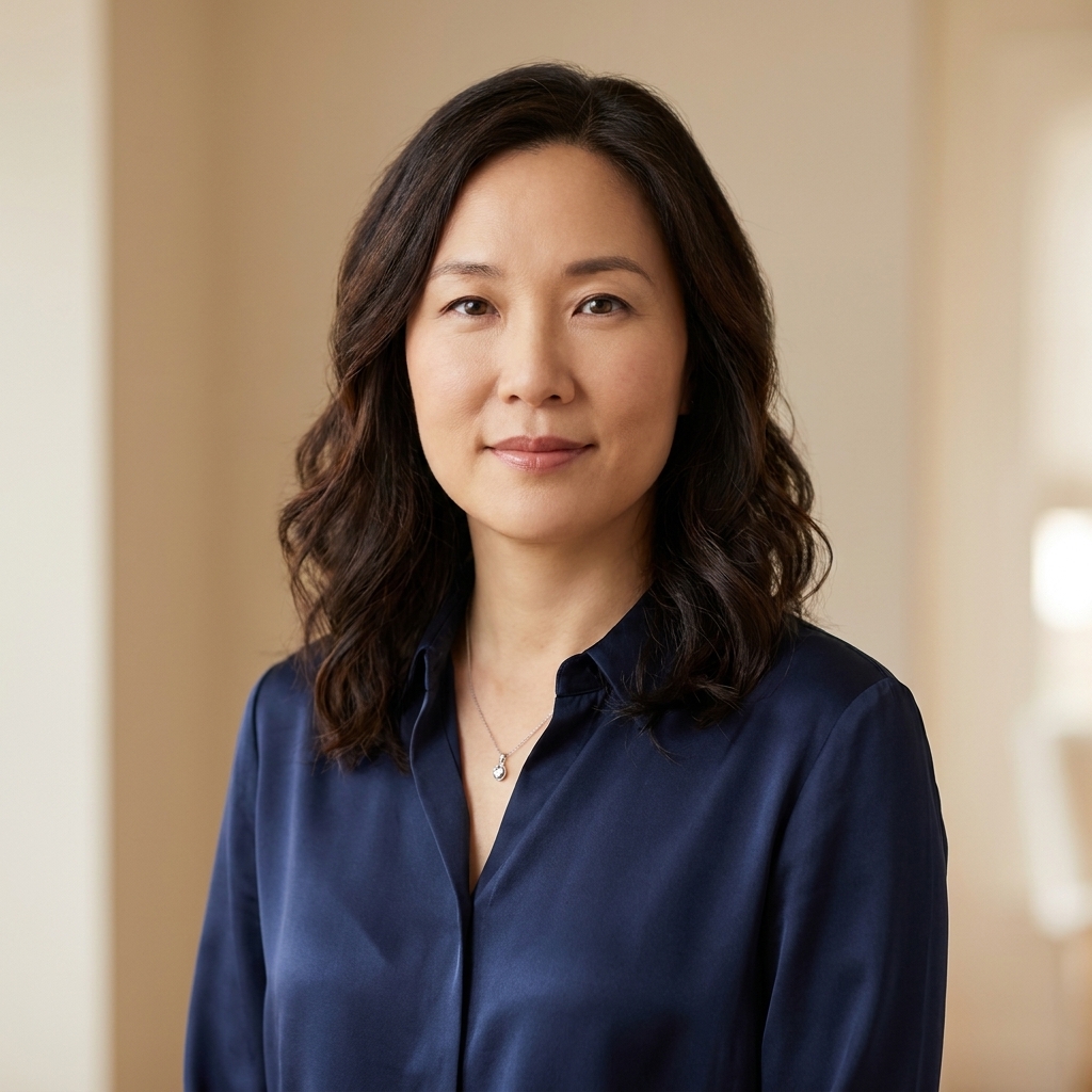 Min Jin Lee standing in a softly lit indoor setting, facing the camera with a composed expression