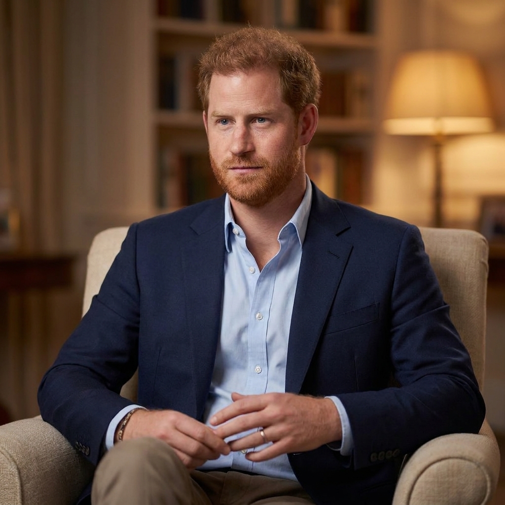 Prince Harry seated for an interview in a softly lit room, hands clasped, looking slightly off camera