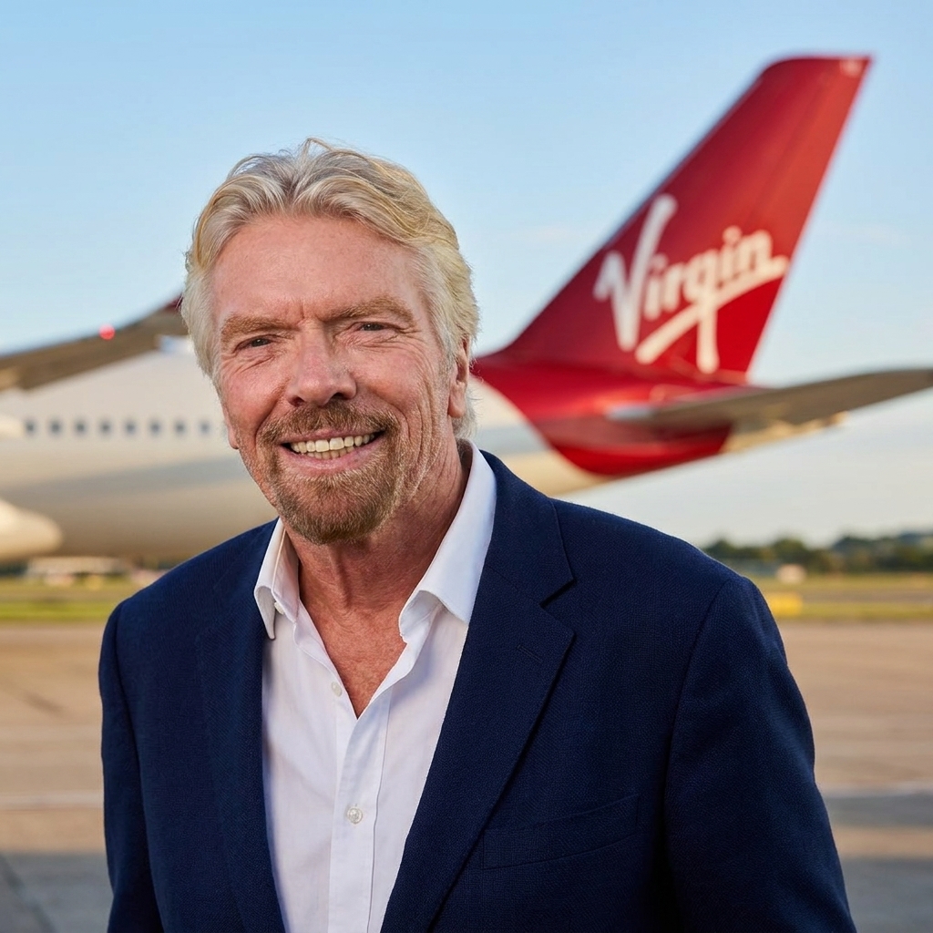 Richard Branson smiling near a Virgin Atlantic aircraft