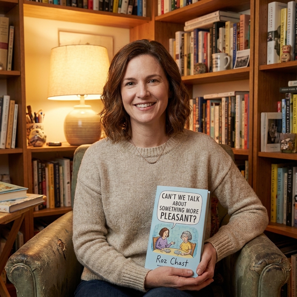 Roz Chast seated in a cozy room holding her book, photographed with shelves in the background and warm ambient light