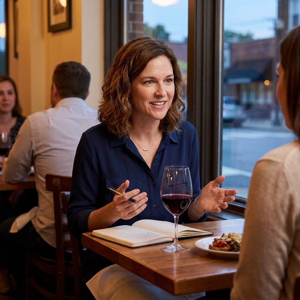 Ruth Reichl seated at a small restaurant table with a notebook and a glass of wine, mid-conversation, in warm evening light