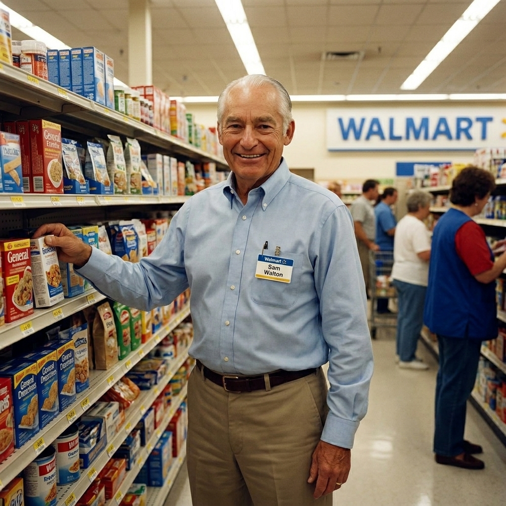 Sam Walton standing in a Walmart store aisle