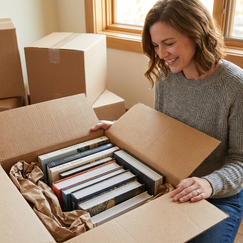 Small moving boxes packed tightly with hardcover art books, with packing paper cushioning the sides