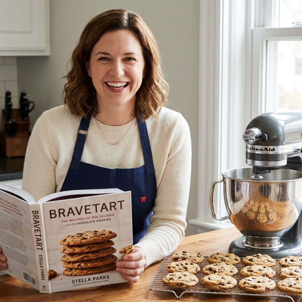Stella Parks’s BraveTart open on a table beside a stand mixer and a cooling rack of cookies