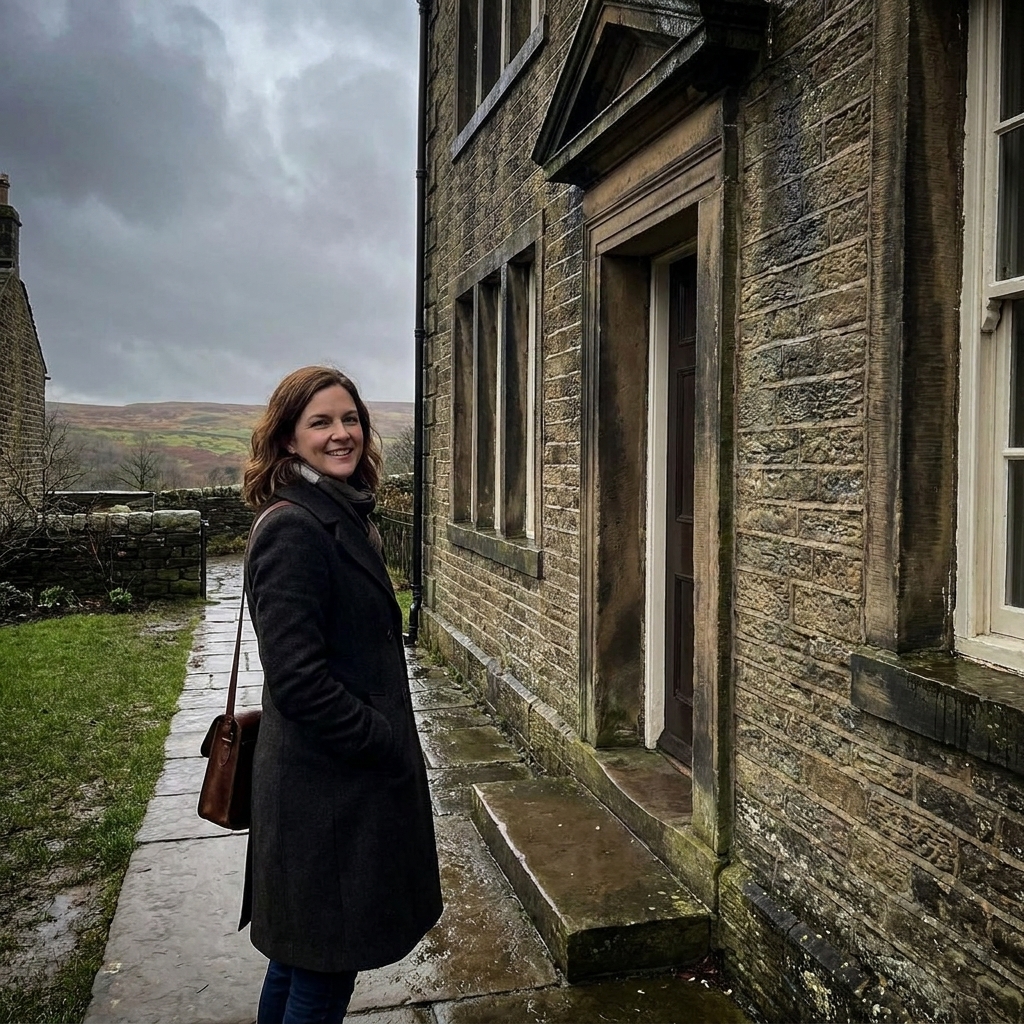 Stone exterior of the Brontë Parsonage in Haworth under an overcast sky, with a narrow path leading toward the doorway