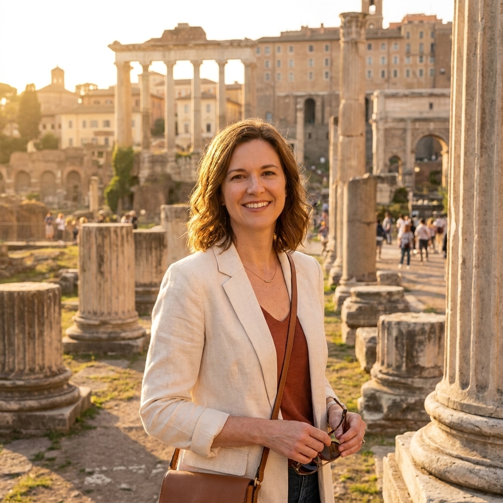 The Roman Forum in Rome at golden hour with scattered columns and distant arches.