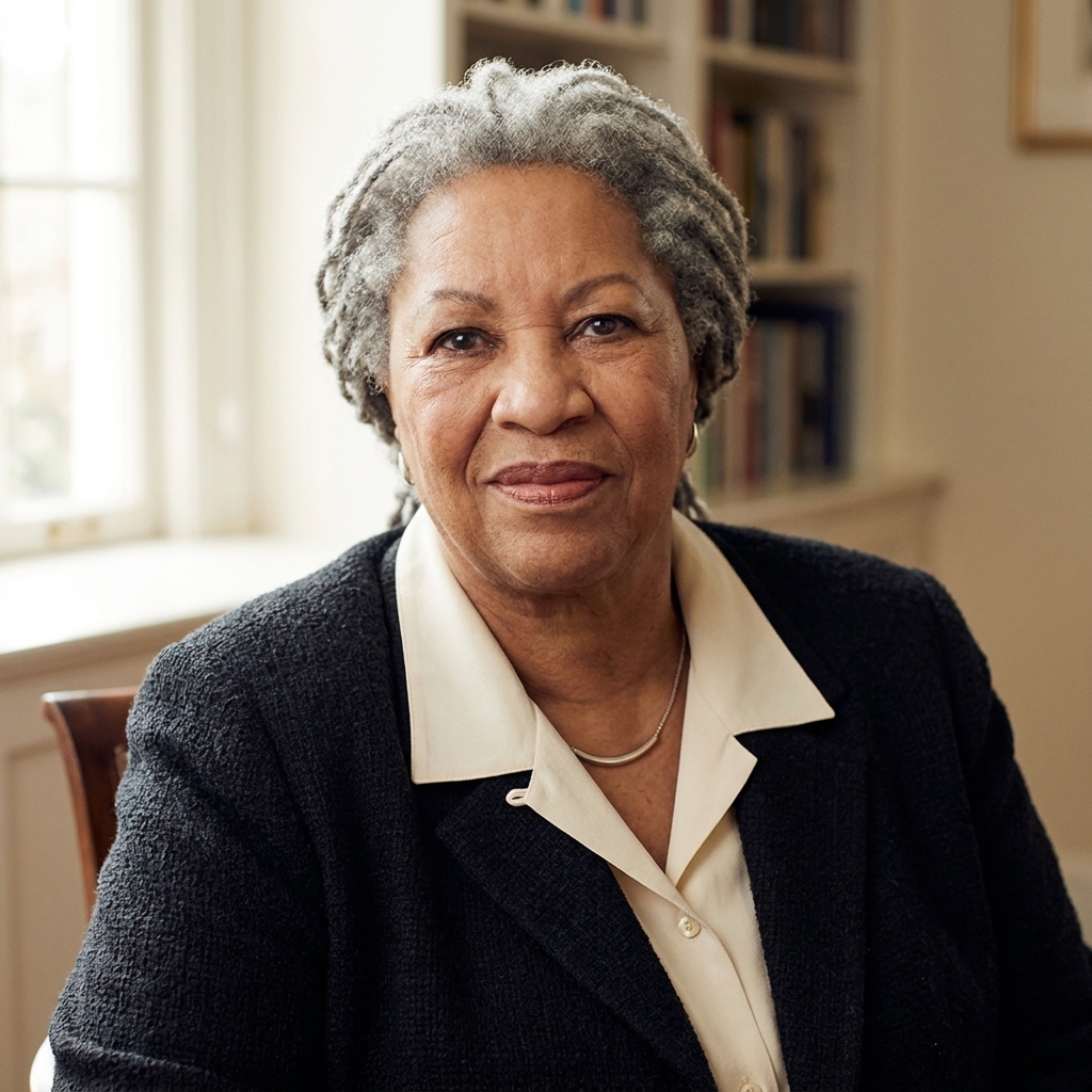 Toni Morrison seated indoors in soft natural light, looking calmly toward the camera