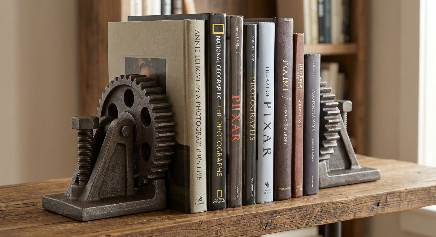 Two heavy metal bookends holding a row of large art and photography books upright on a shelf