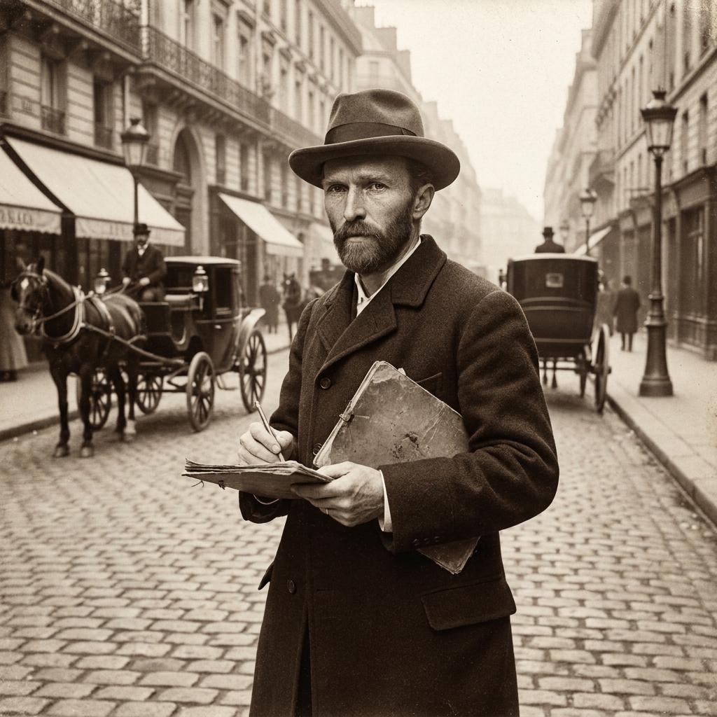 Vincent van Gogh standing in a Paris street, wearing a dark coat and hat, photographed in a historical style