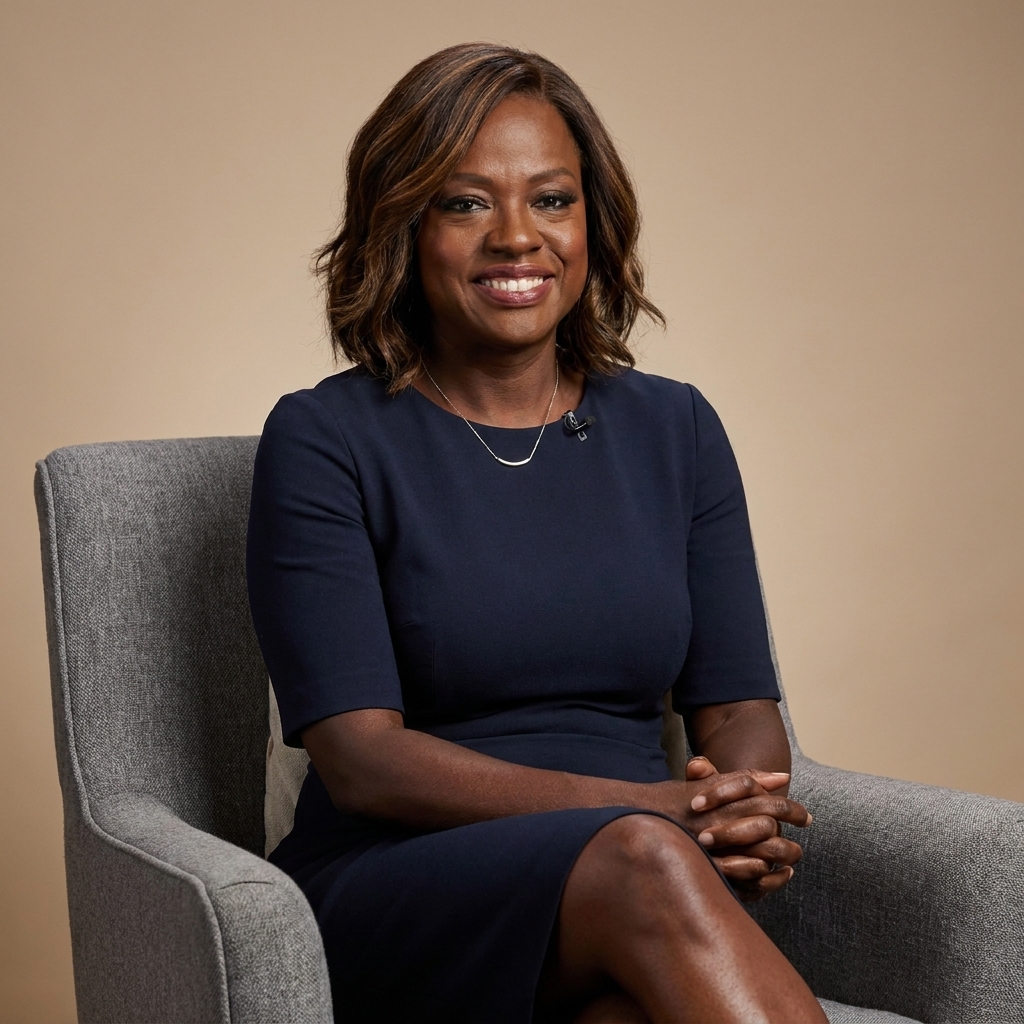 Viola Davis seated in an armchair during an interview, wearing a dark dress, hands resting in her lap